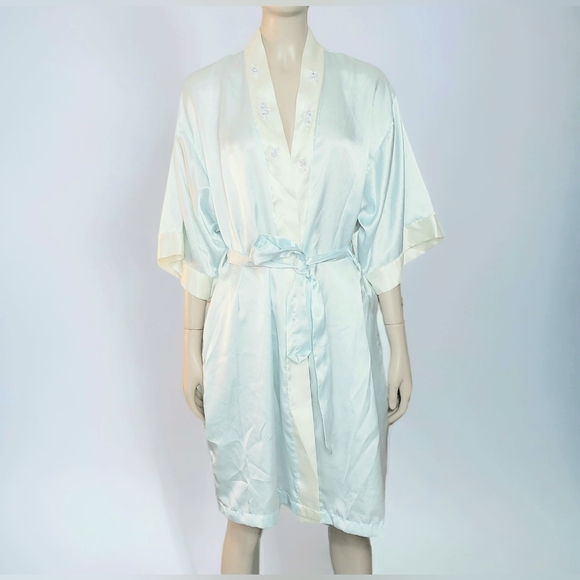 Barbizon Satin Belted Robe Womens M Blue Embroidered Kimono Style Knee Length - Picture 1 of 8